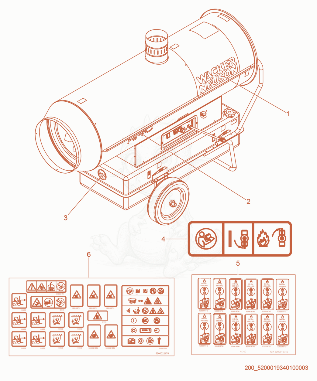 Exploded parts diagram of the Labels of a Wacker Neuson HI90HD, with numbered balloons