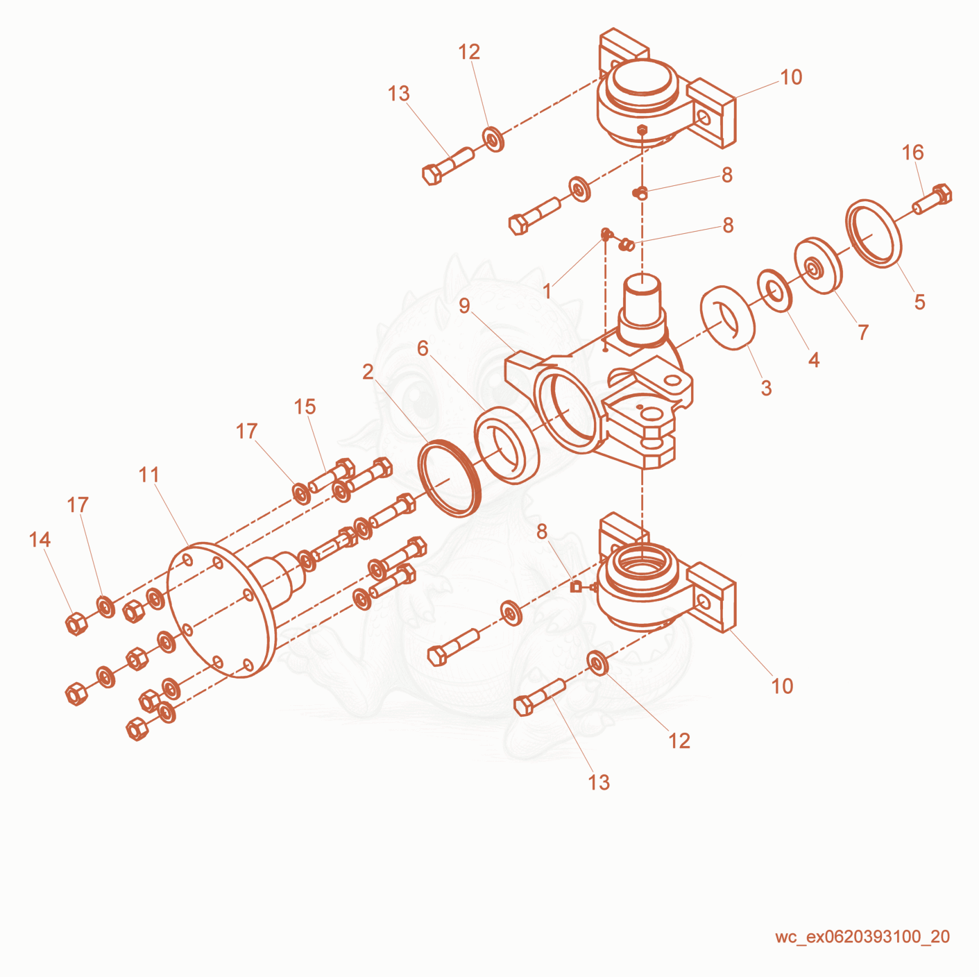 Exploded parts diagram of the Articulated Steering Joint of a Wacker Neuson RD27-120, with numbered balloons