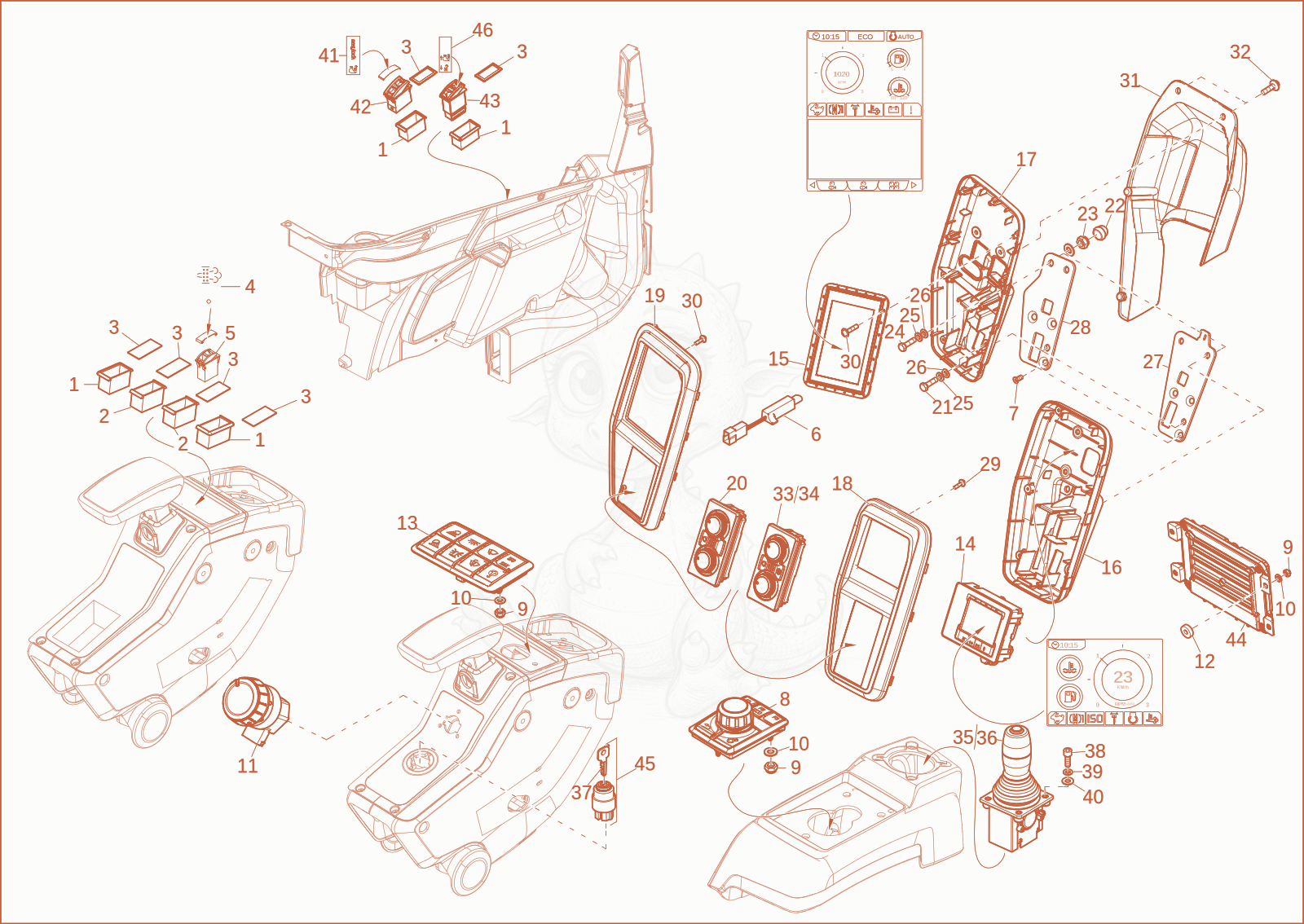 Exploded parts diagram of the instrument panel of a Wacker Neuson ET65, with numbered balloons
