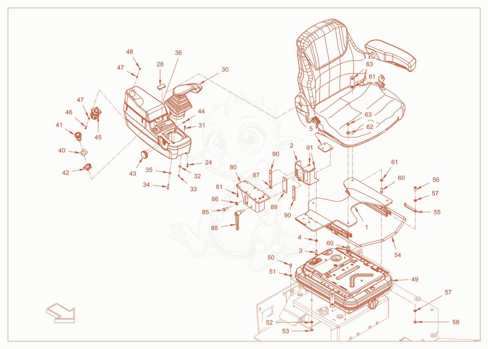 Exploded parts diagram of the operator's seat with adjustment of a Wacker Neuson RC110CAB, with numbered balloons