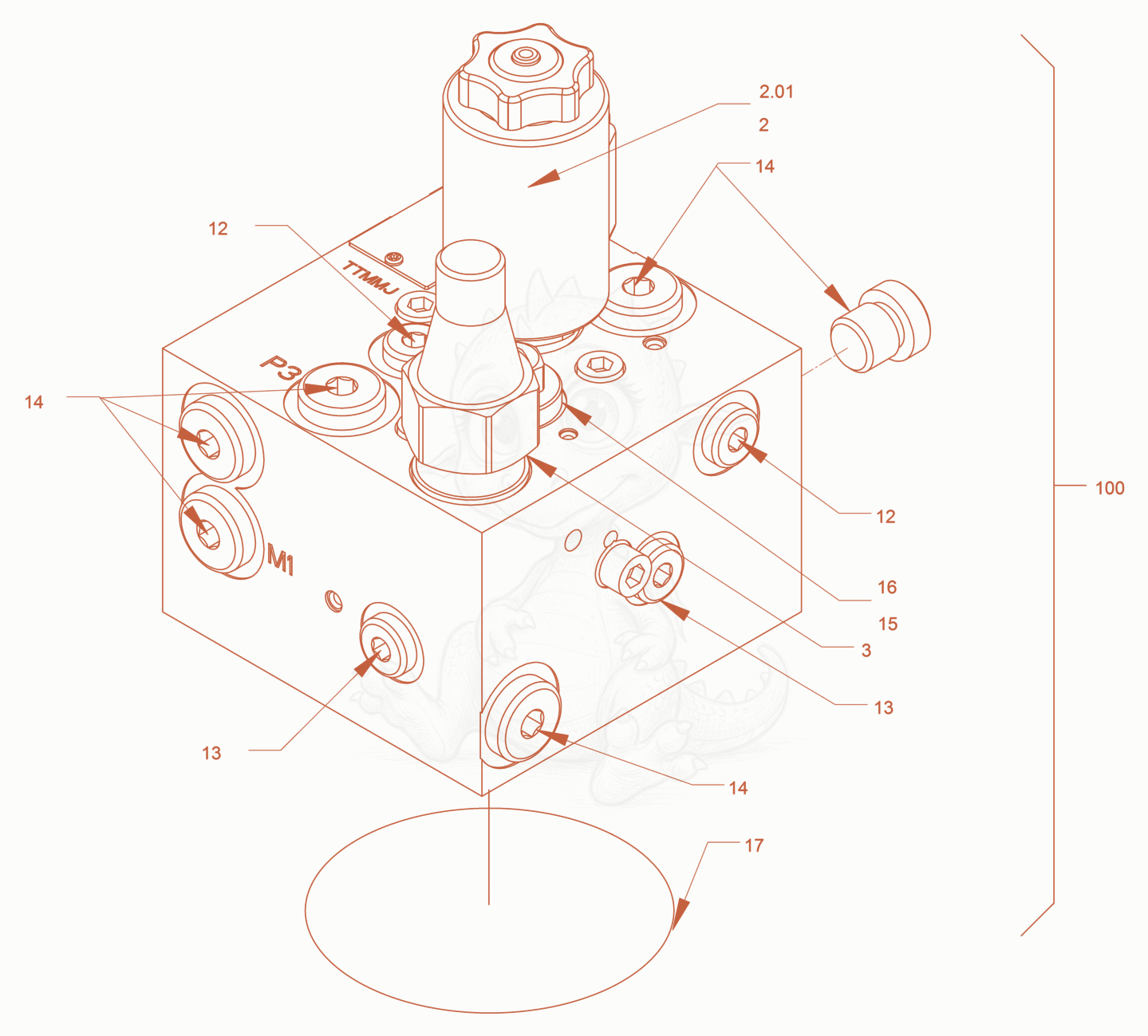 Exploded parts diagram of the valve block (parking brake) of a Wacker Neuson RD18-80, with numbered balloons