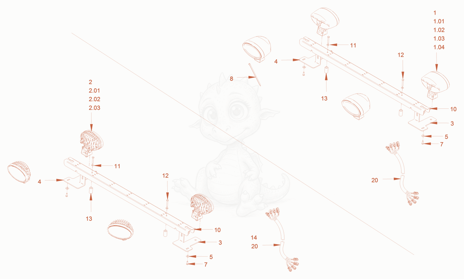 Exploded parts diagram of the additional lighting of a Wacker Neuson RC70VOUS, with numbered balloons