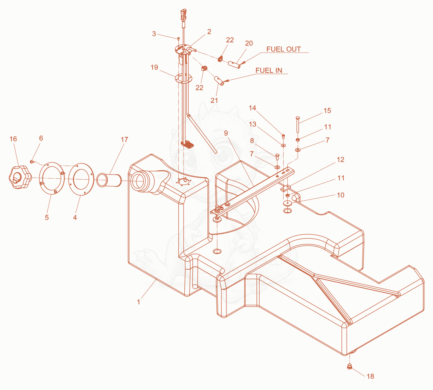 Exploded parts diagram of the Fuel tank of a Wacker Neuson LTN5YUK, with numbered balloons