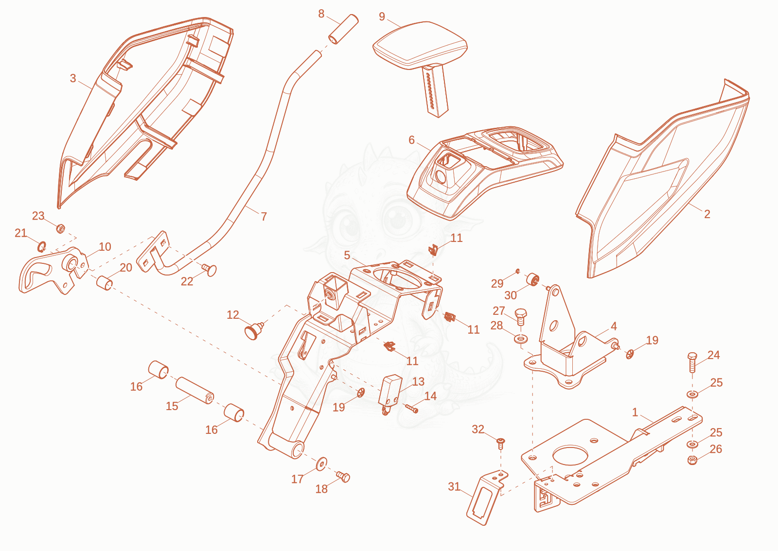 Exploded parts diagram of the controllever carrier left of a Wacker Neuson EW100-2, with numbered balloons