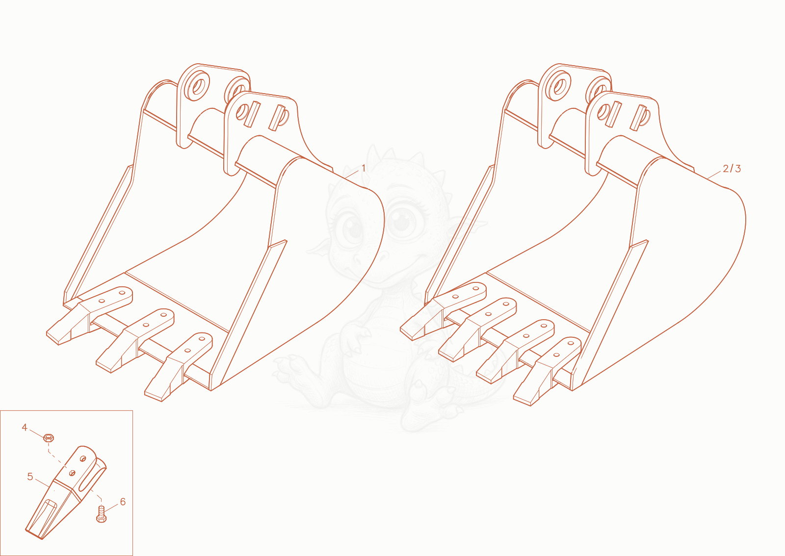 Exploded parts diagram of the bucket of a Wacker Neuson ET20-2, with numbered balloons