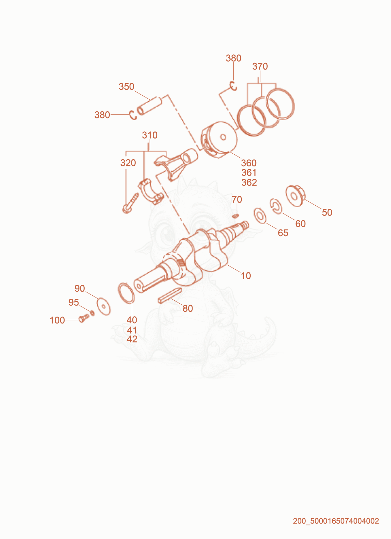 Exploded parts diagram of the Piston/Crankshaft of a Wacker Neuson CRT36-25, with numbered balloons