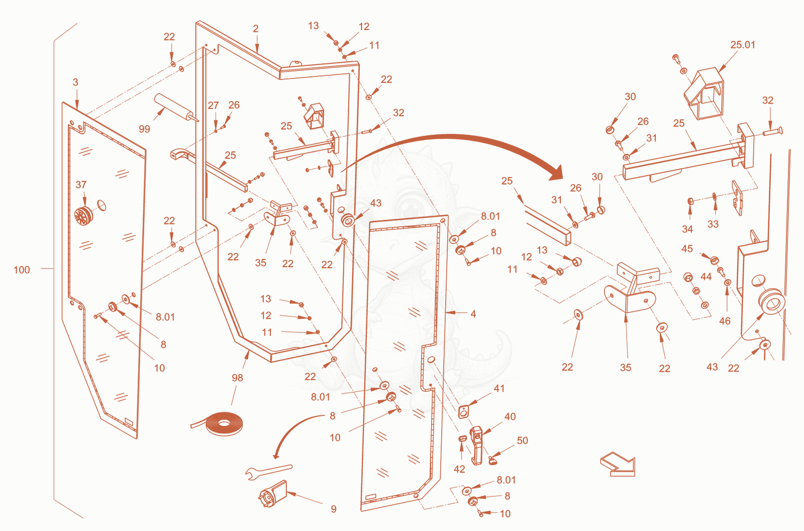 Exploded parts diagram of the driver's cabin of a Wacker Neuson RD45-140, with numbered balloons