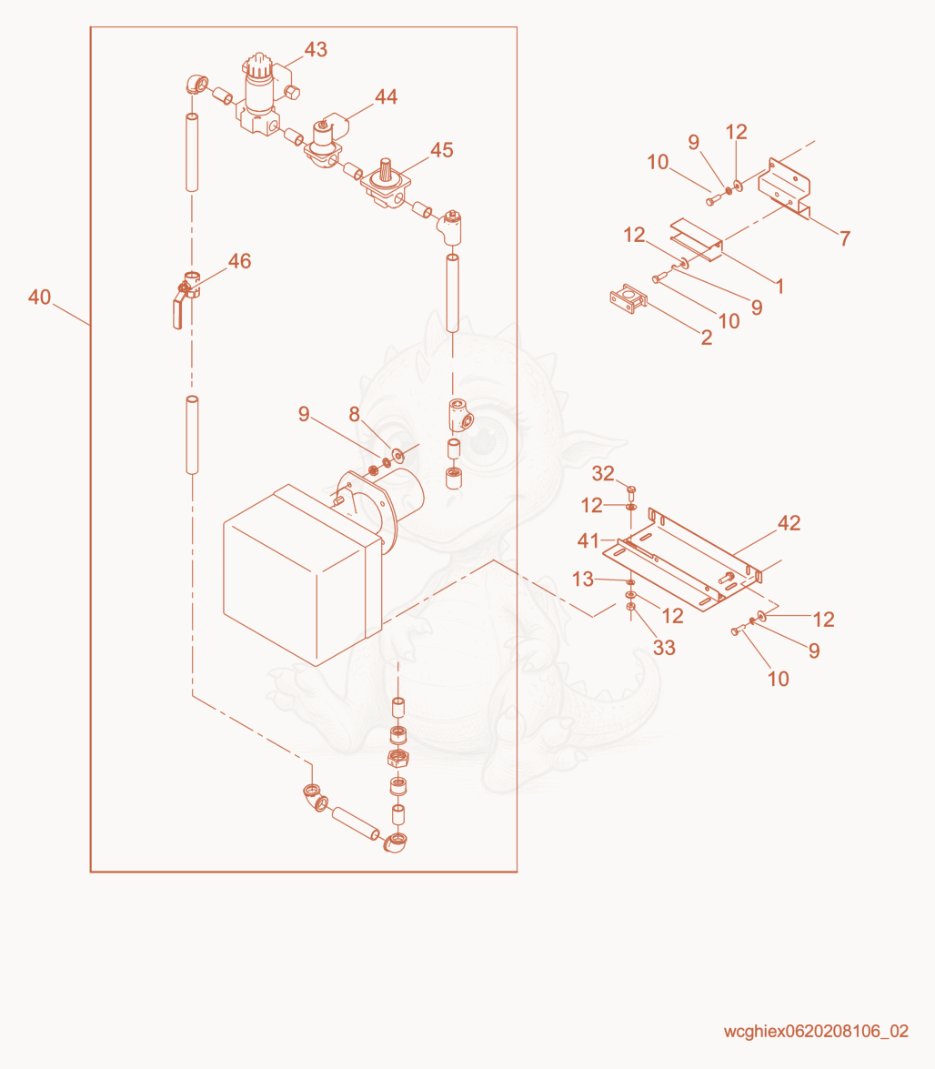 Exploded parts diagram of the Gas train of a Wacker Neuson CUB700, with numbered balloons