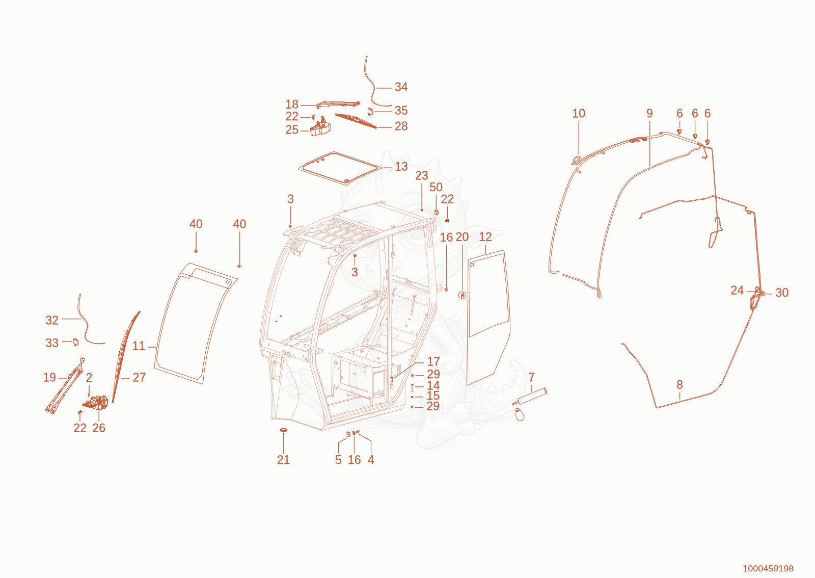 Exploded parts diagram of the cab frame of a Wacker Neuson TH412(T01-01), with numbered balloons
