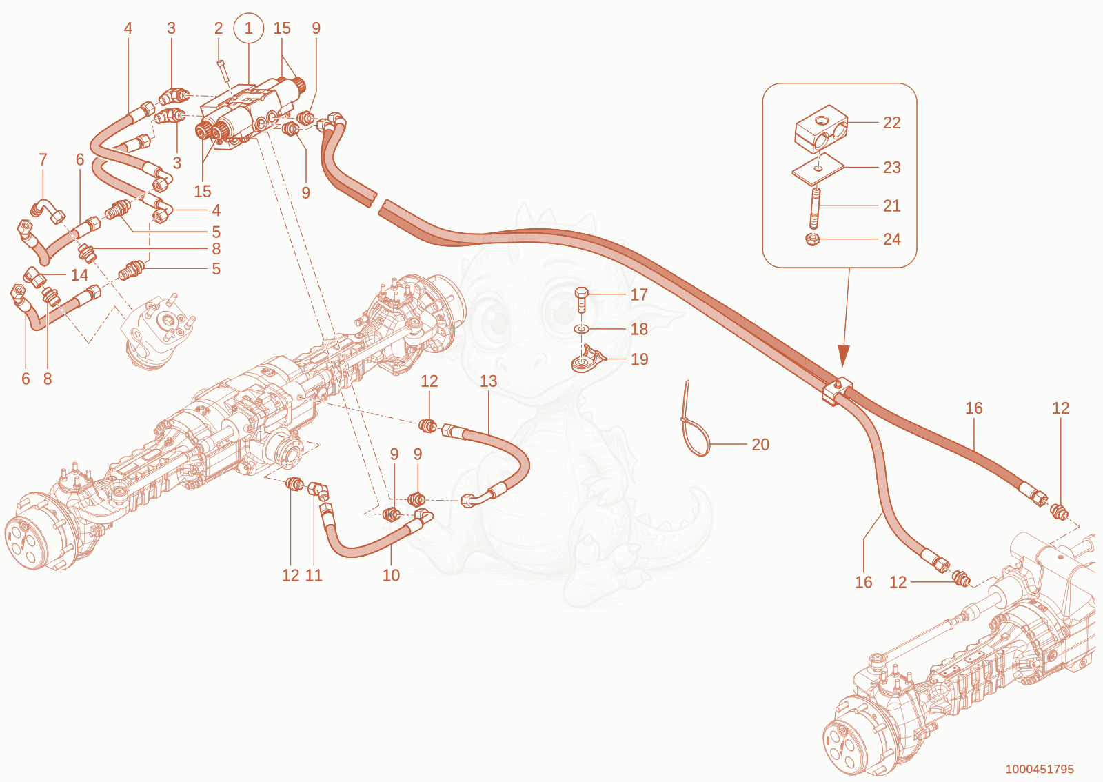 Exploded parts diagram of the steering unit of a Wacker Neuson TH735(415-36), with numbered balloons