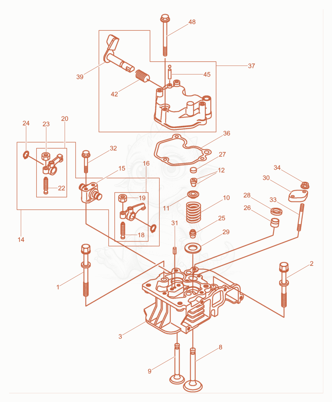Exploded parts diagram of the Cylinder head of a Wacker Neuson DPU40YEHEU, with numbered balloons