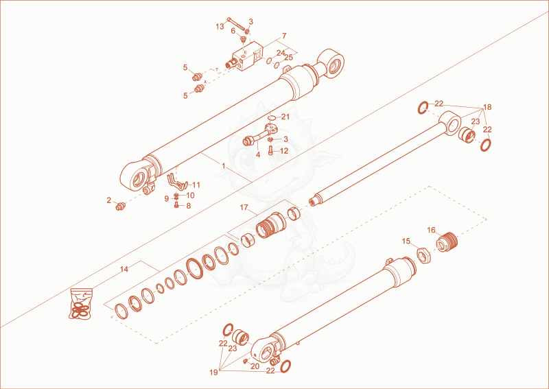 Exploded parts diagram of the dipper arm cylinder of a Wacker Neuson ET90, with numbered balloons