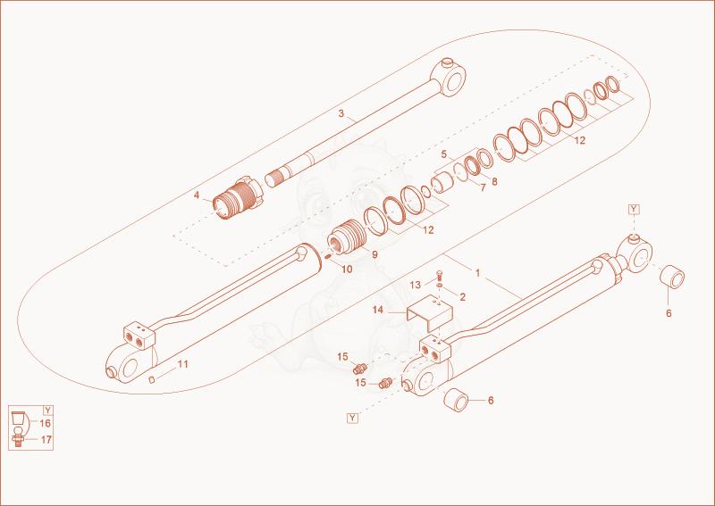 Exploded parts diagram of the dipper arm cylinder of a Wacker Neuson 3402RD, with numbered balloons