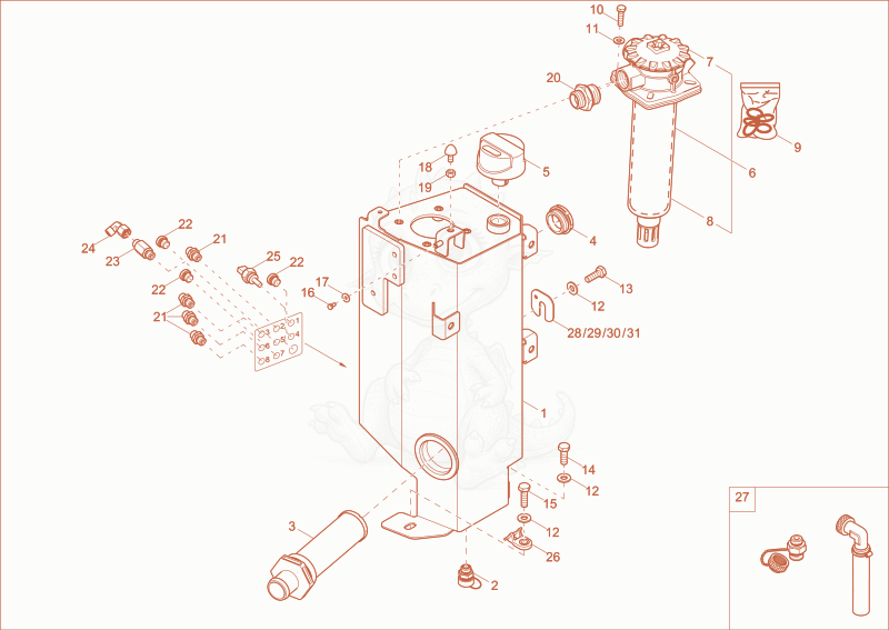 Exploded parts diagram of the HYDRAULIC OIL TANK of a Wacker Neuson EZ17E, with numbered balloons