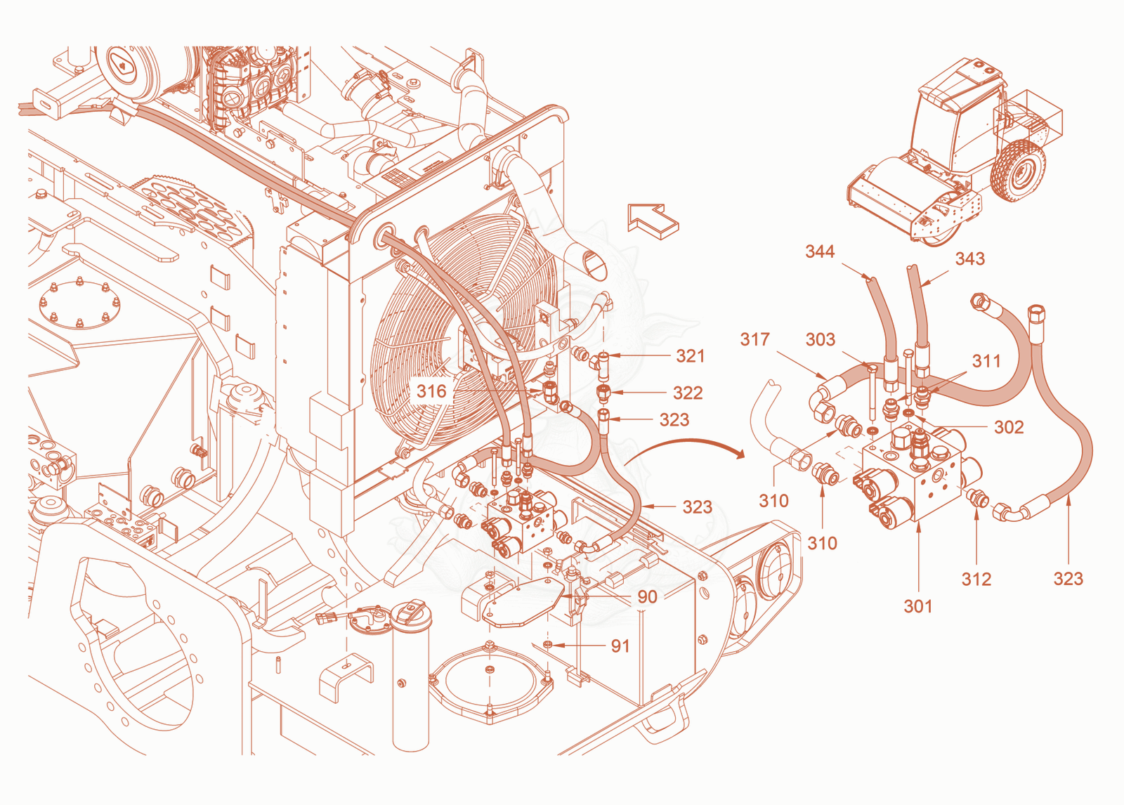 Exploded parts diagram of the blade hydraulics of a Wacker Neuson RC70DPFROPS, with numbered balloons