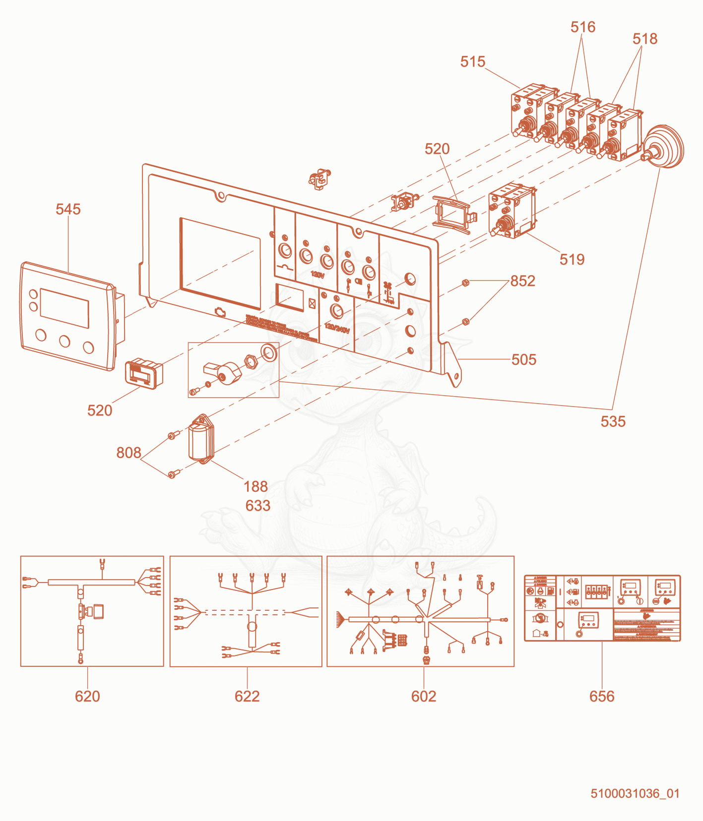 Exploded parts diagram of the Option-Control Panel, Power Winch/Auto Start of a Wacker Neuson LTV8K, with numbered balloons