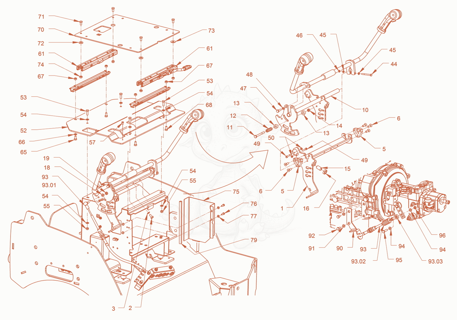 Exploded parts diagram of the drive shifting of a Wacker Neuson RD24-100O, with numbered balloons