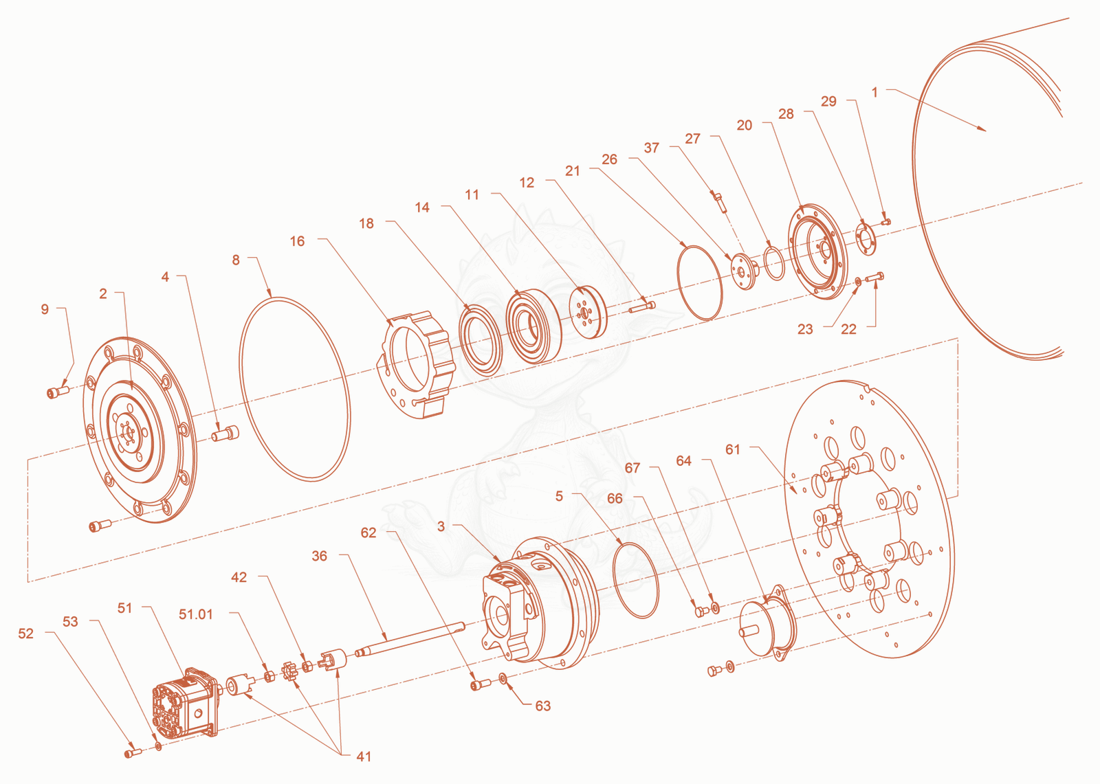 Exploded parts diagram of the smooth roller drum with vibrator of a Wacker Neuson RD18-80, with numbered balloons
