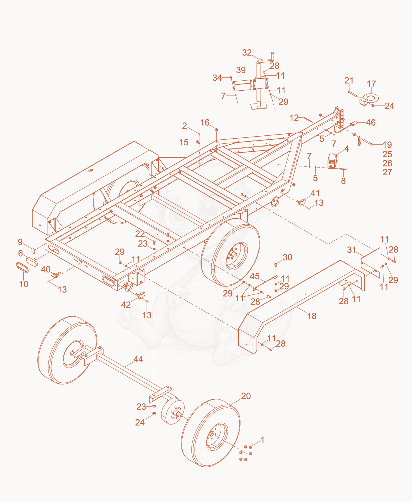 Exploded parts diagram of the Trailer Frame w/Electric Brake Tandem Axle of a Wacker Neuson G70, with numbered balloons