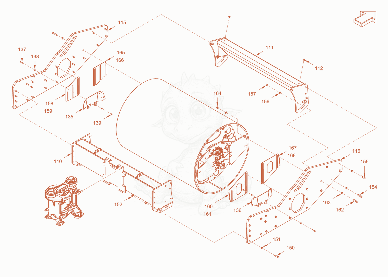 Exploded parts diagram of the main frame and assemblies of a Wacker Neuson RC110ROPS, with numbered balloons