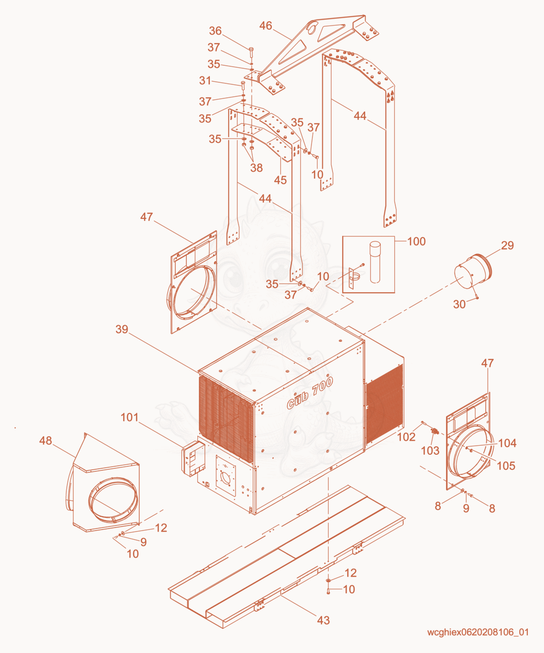Exploded parts diagram of the Machine cpl. of a Wacker Neuson CUB700, with numbered balloons