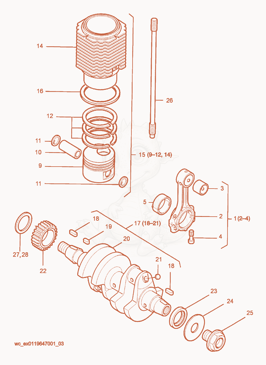 Exploded parts diagram of the Crankshaft/Piston/Cylinder of a Wacker Neuson RD15, with numbered balloons