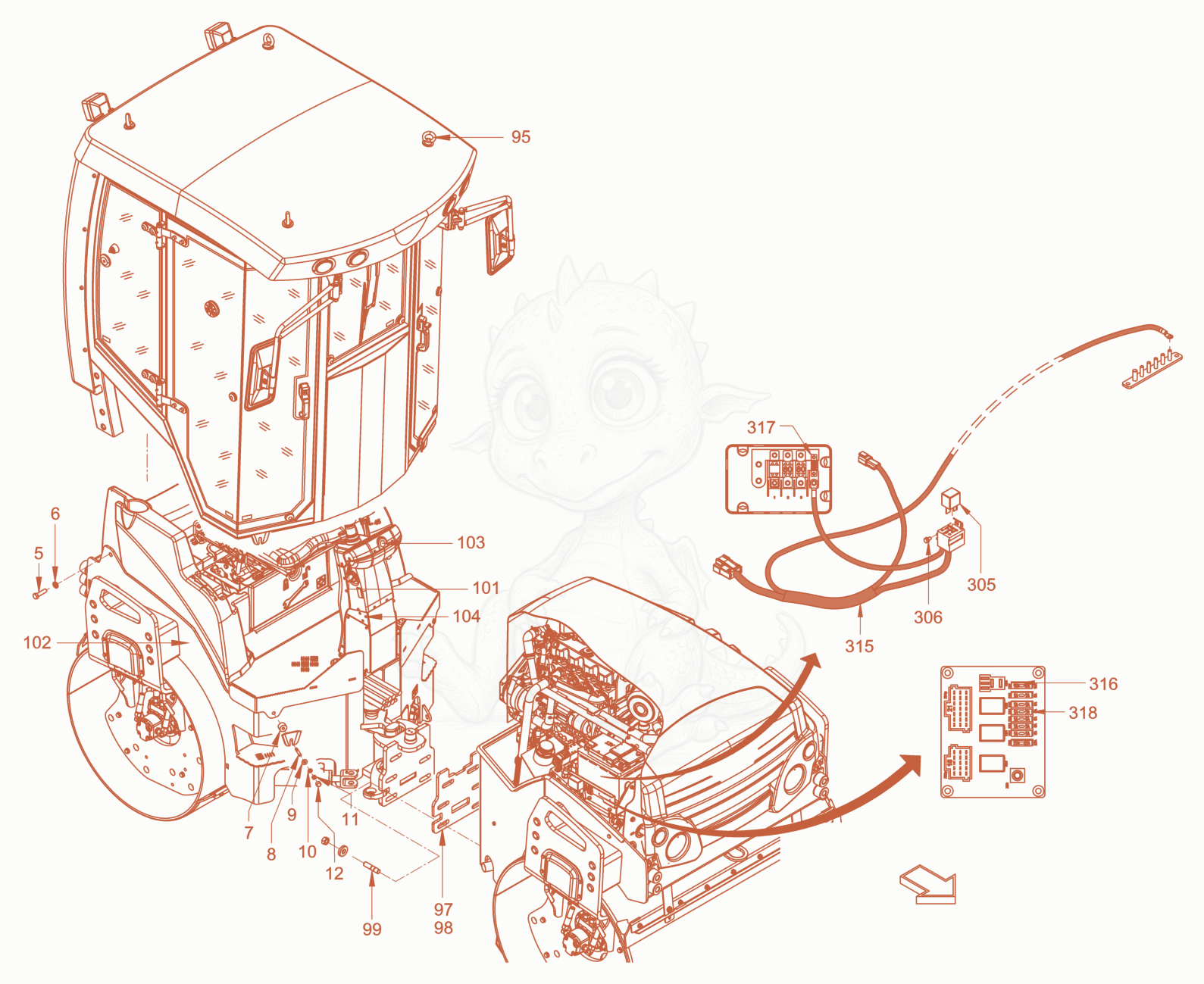 Exploded parts diagram of the driver's cabin of a Wacker Neuson RD40-130CDPF, with numbered balloons