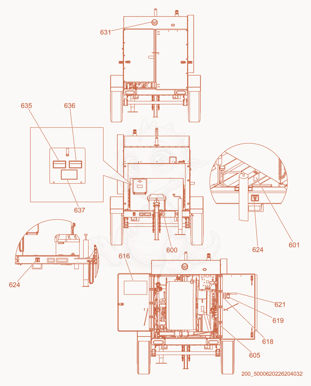 Exploded parts diagram of the Labels of a Wacker Neuson E2200, with numbered balloons