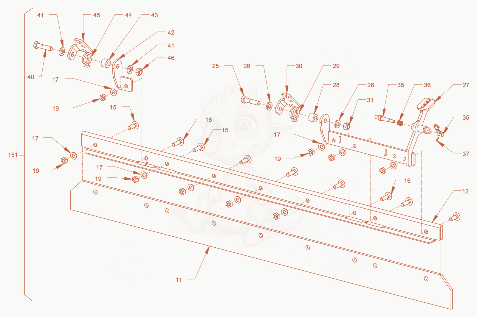 Exploded parts diagram of the scraper of a Wacker Neuson RD45-140, with numbered balloons