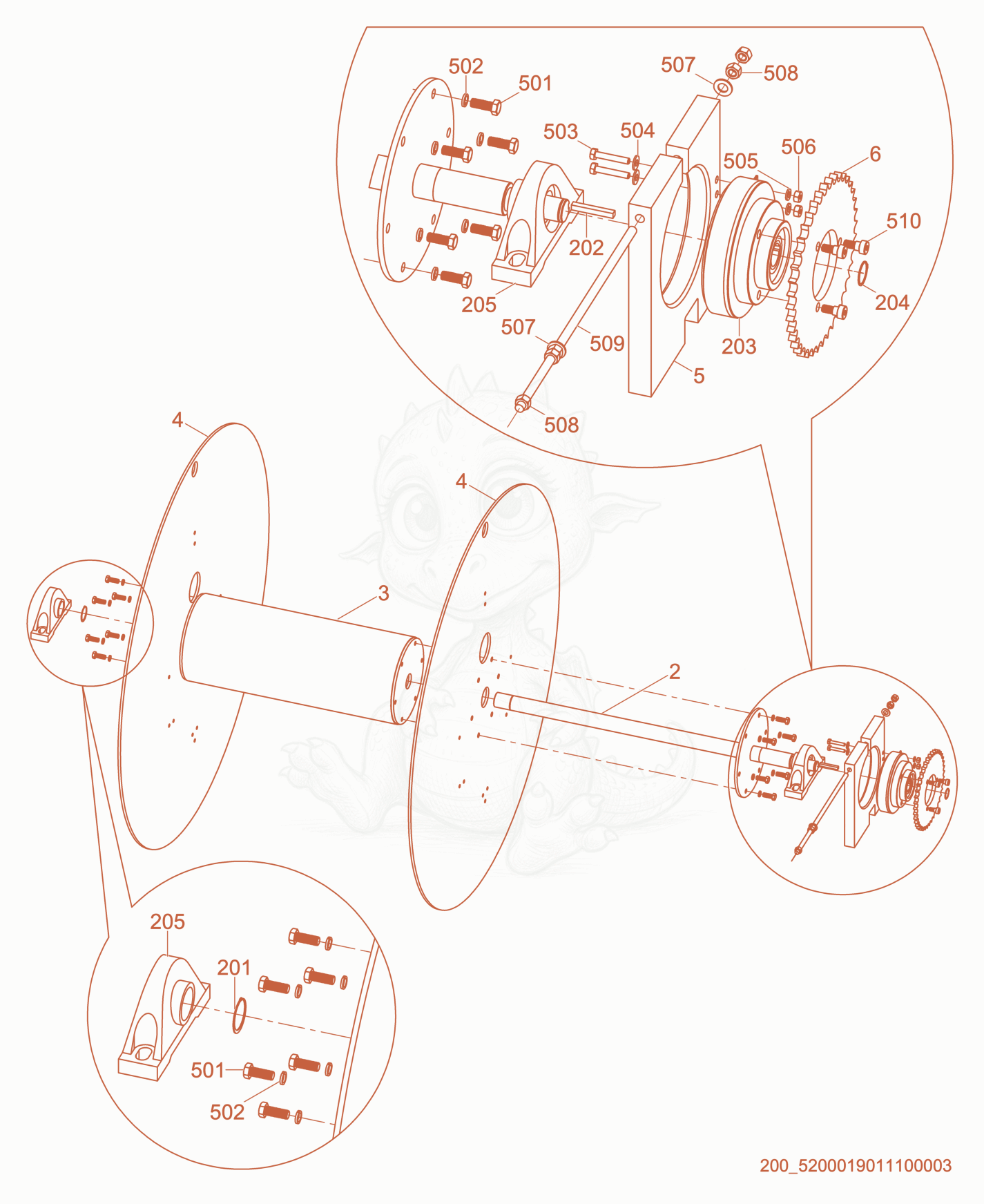 Despiece del Clutch and brake cpl. de una máquina Wacker Neuson HHS2202, con globos numerados