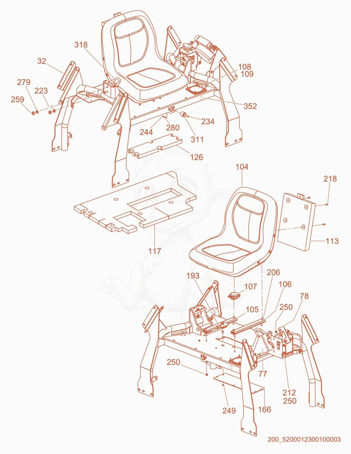 Exploded parts diagram of the Seat Assembly of a Wacker Neuson CRT60-74LX, with numbered balloons