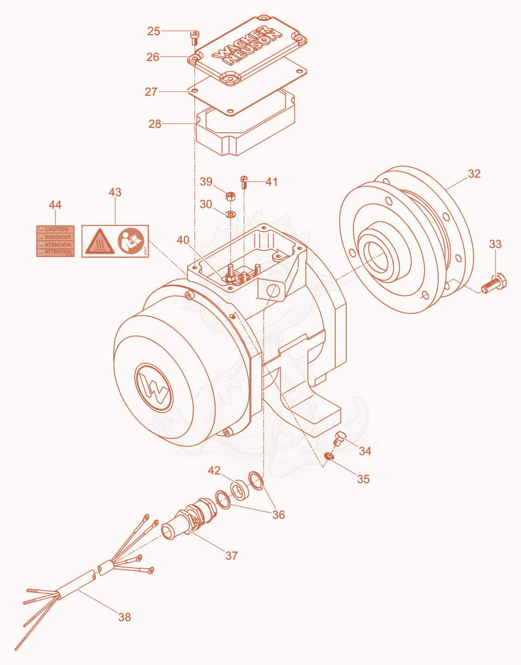 Despiece del External Vibrator cpl. de una máquina Wacker Neuson AR52/10,8/046SP, con globos numerados