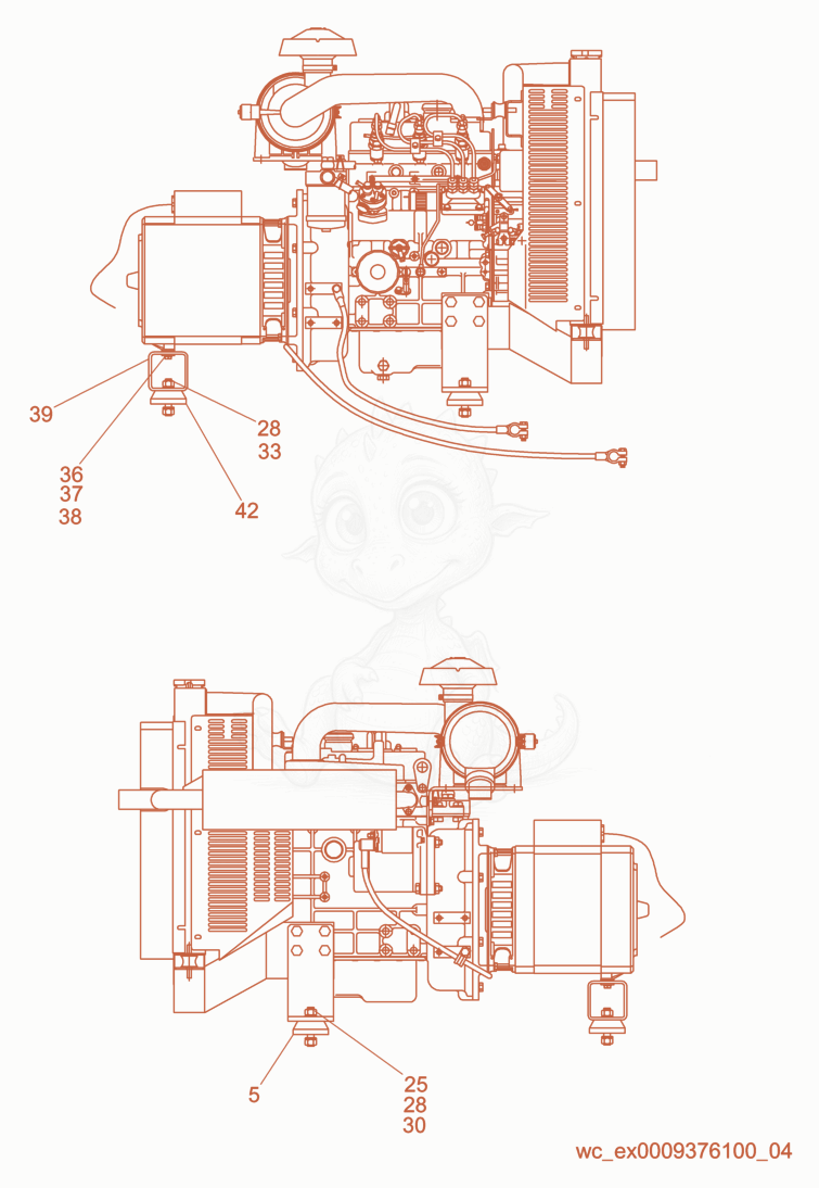 Despiece del Generator/Engine Support/Exhaust Pipe de una máquina Wacker Neuson LTC4C, con globos numerados