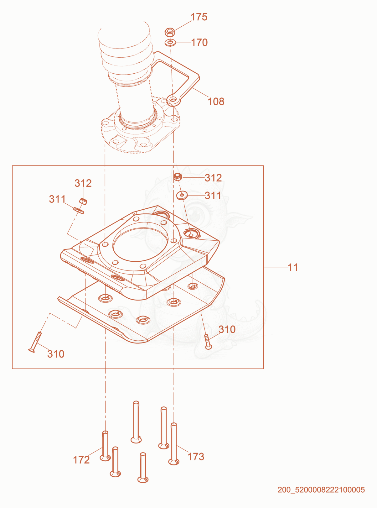 Exploded parts diagram of the Ramming Shoe cpl. of a Wacker Neuson MS52, with numbered balloons