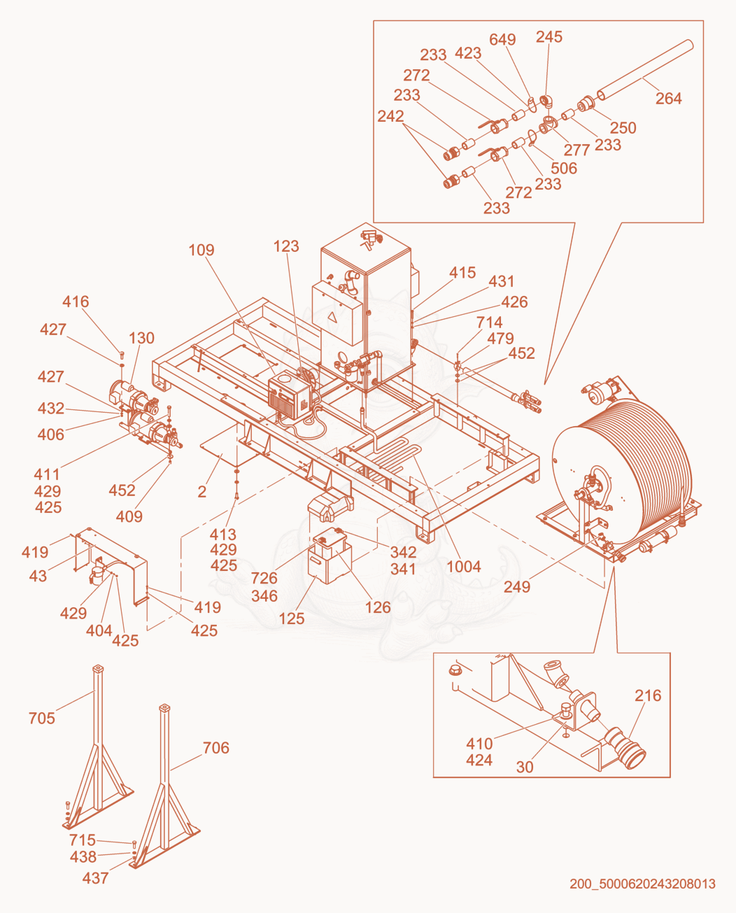 Exploded parts diagram of the Mounting frame of a Wacker Neuson HSH700G, with numbered balloons