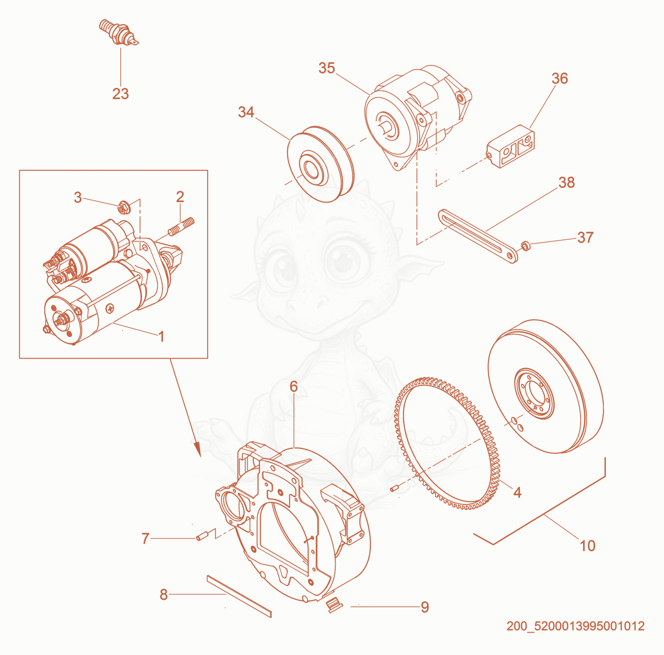 Despiece del Starting System de una máquina Wacker Neuson G40, con globos numerados