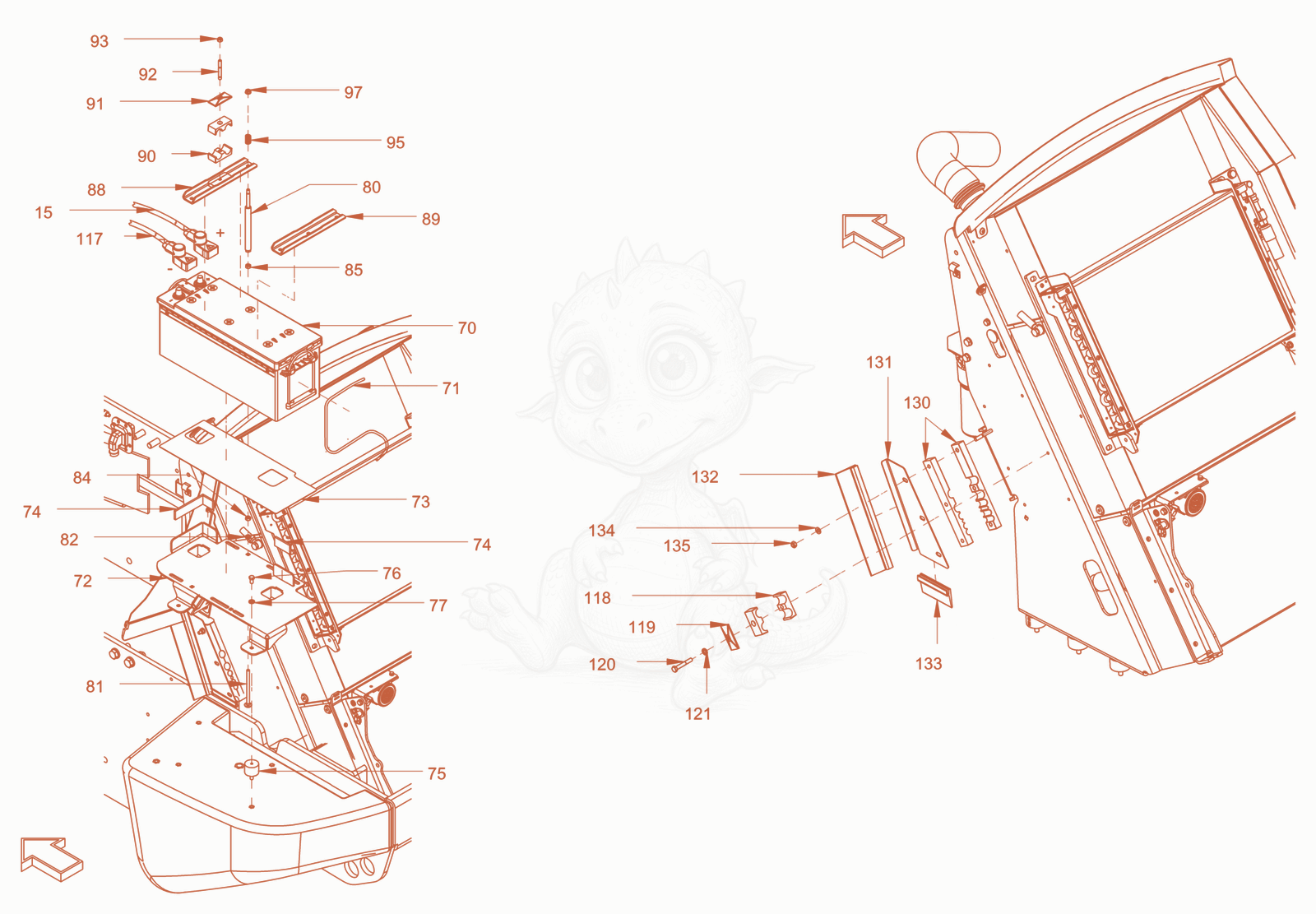 Exploded parts diagram of the electrical system of a Wacker Neuson RC110PUSROPS, with numbered balloons
