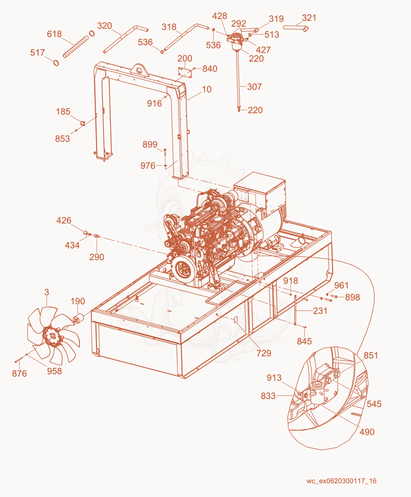 Exploded parts diagram of the Generator/Engine of a Wacker Neuson G240, with numbered balloons