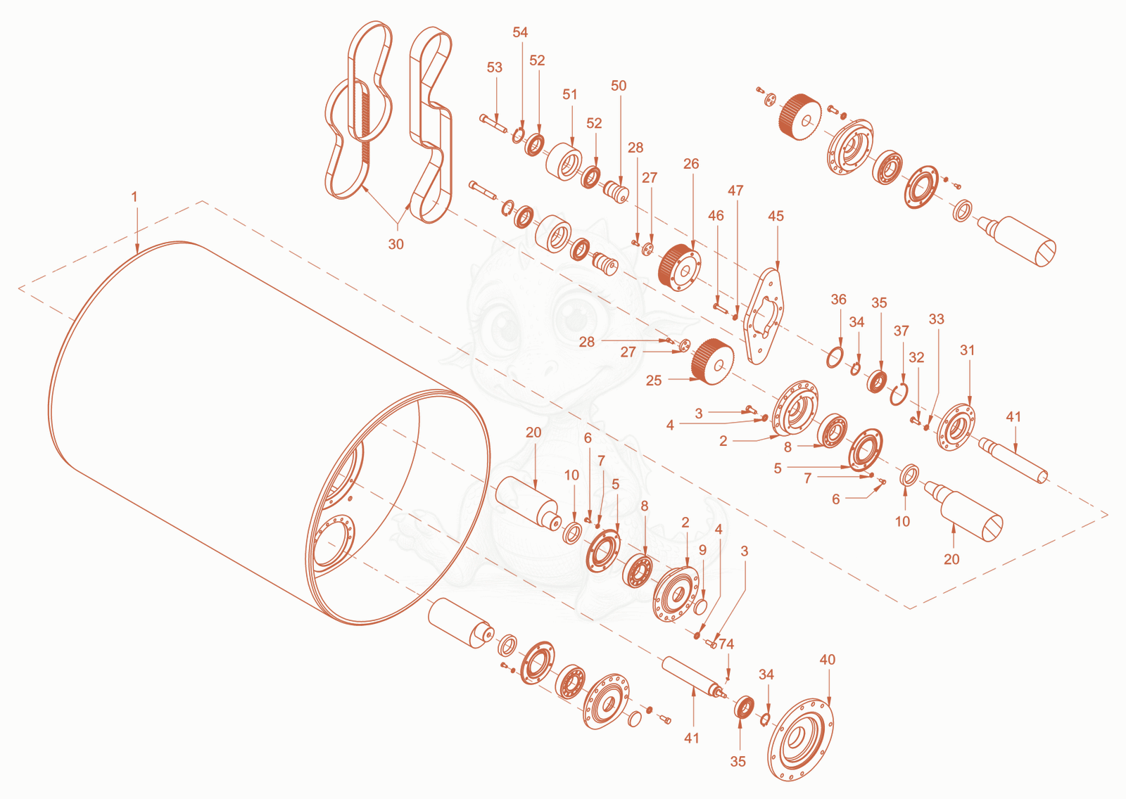 Exploded parts diagram of the smooth roller drum with oscillator of a Wacker Neuson RD45-140OUS, with numbered balloons