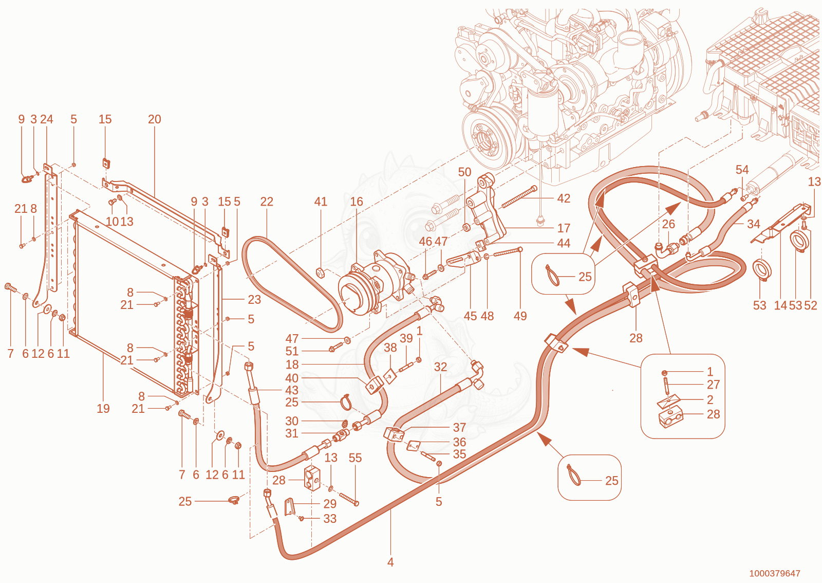 Exploded parts diagram of the Air conditioning system of a Wacker Neuson WL95(WRL90-00), with numbered balloons