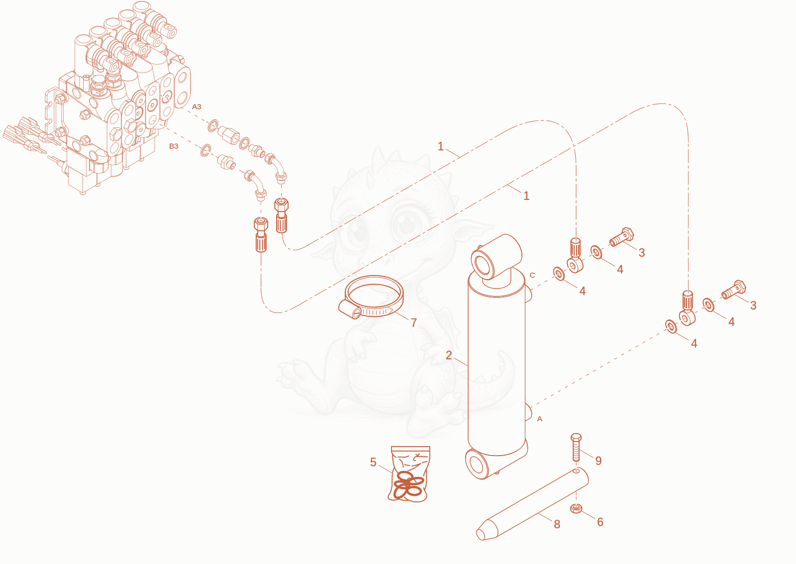 Exploded parts diagram of the TILT CYLINDER OPERATION of a Wacker Neuson DT05E, with numbered balloons