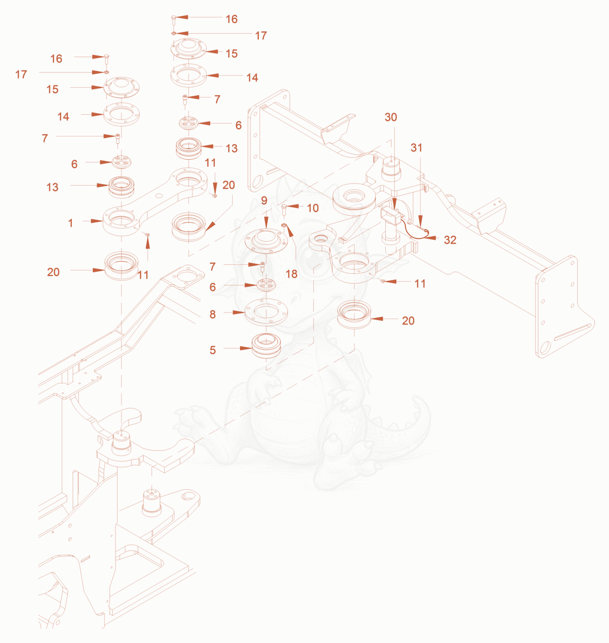 Exploded parts diagram of the centre pivot assembly of a Wacker Neuson RC70P, with numbered balloons