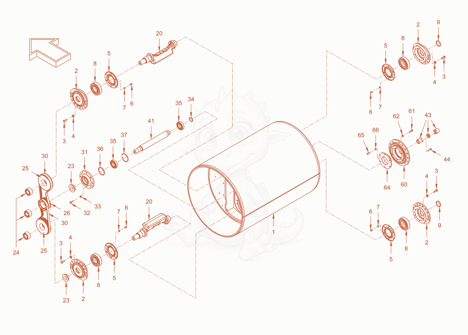 Exploded parts diagram of the roller drum with oscillator of a Wacker Neuson RD24-100E, with numbered balloons