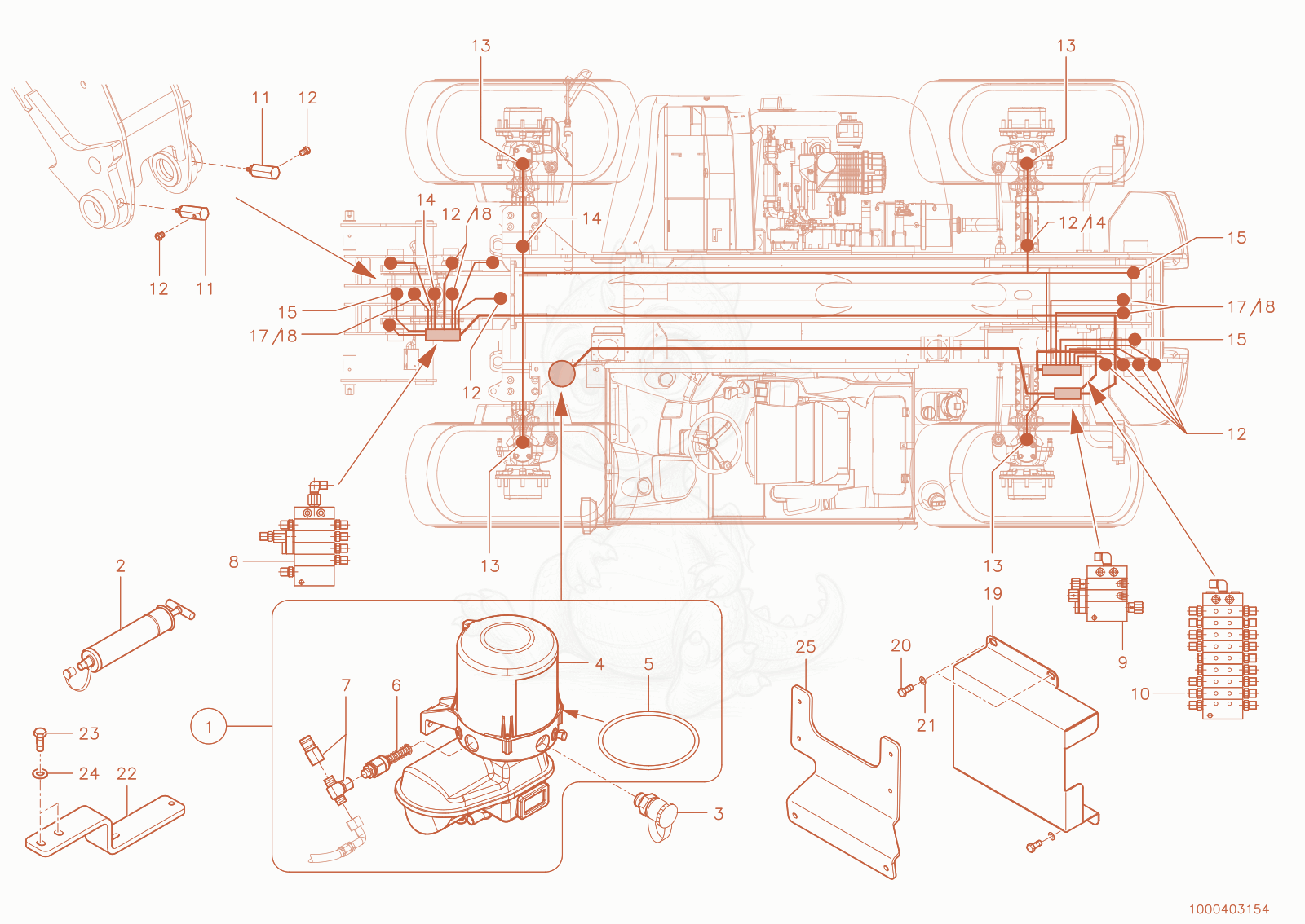 Exploded parts diagram of the central greasing divice of a Wacker Neuson TH942(416-29), with numbered balloons