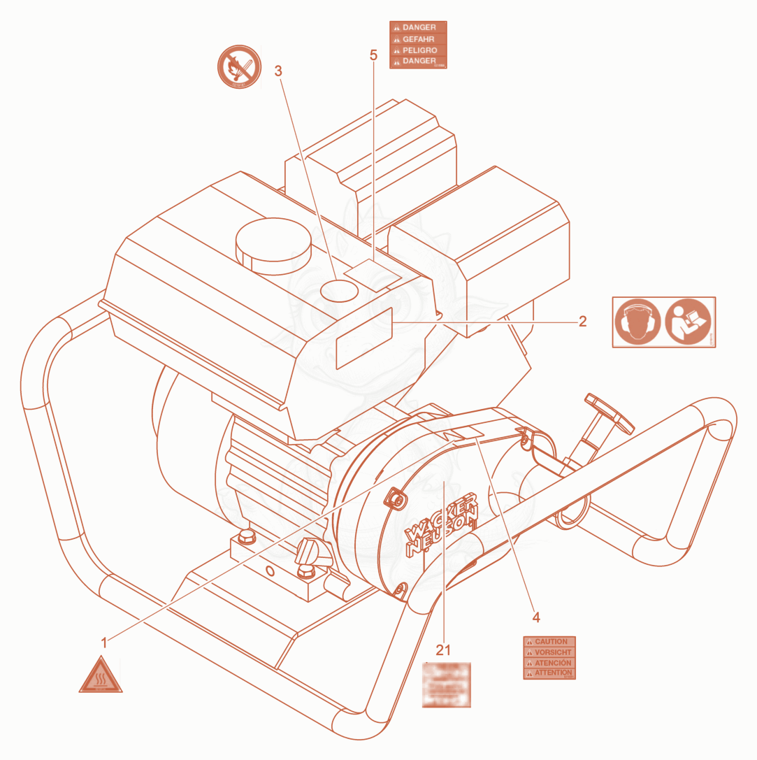 Exploded parts diagram of the Labels of a Wacker Neuson A5000/160ANSI, with numbered balloons