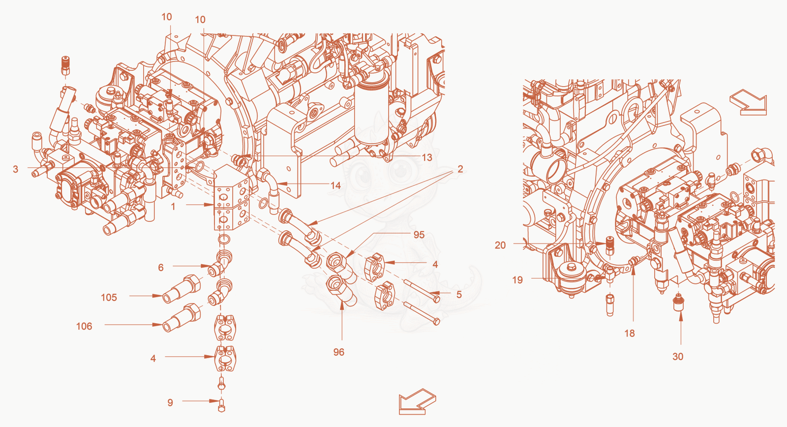 Exploded parts diagram of the advance drive of a Wacker Neuson RC110P, with numbered balloons