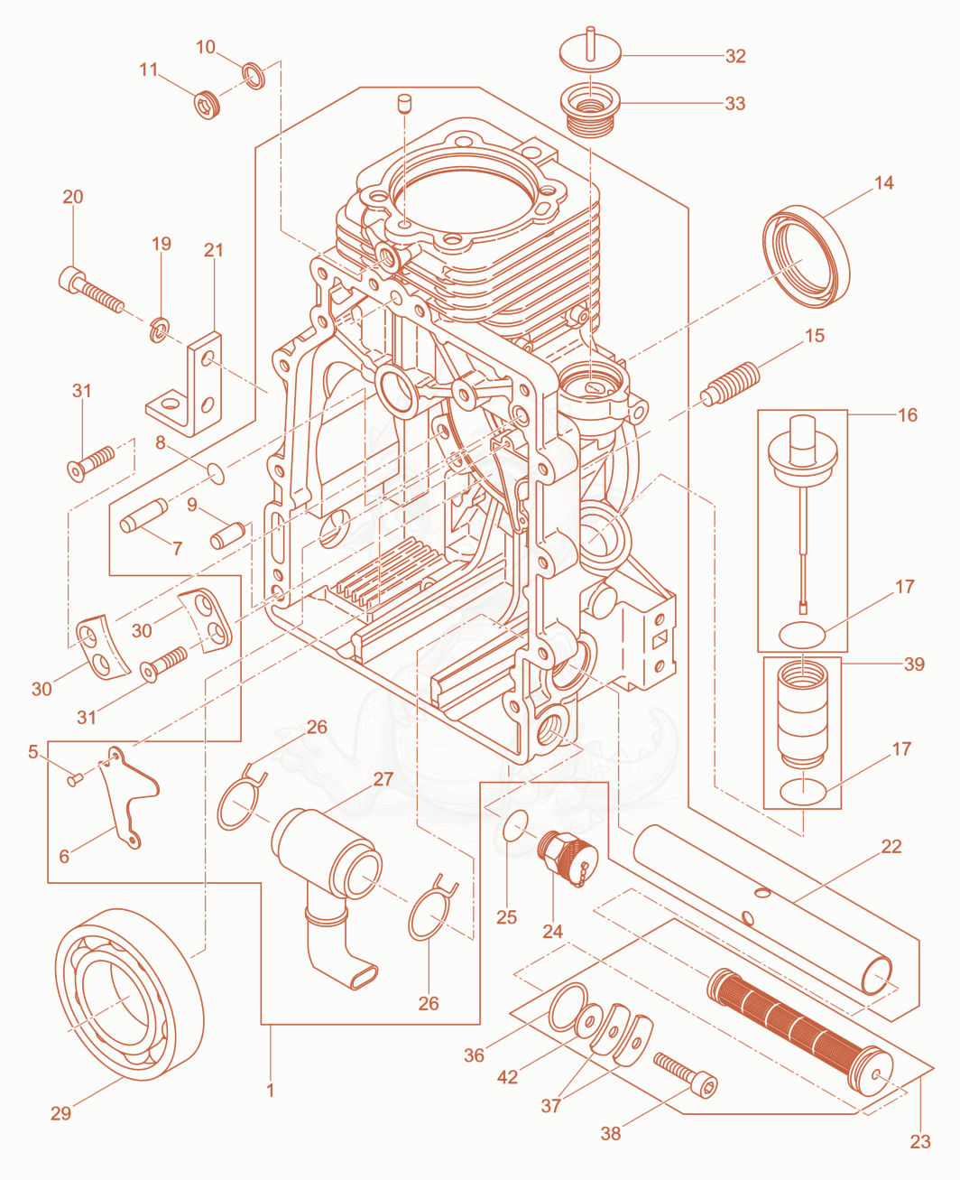 Despiece del Crankcase de una máquina Wacker Neuson DPU3760HTS, con globos numerados