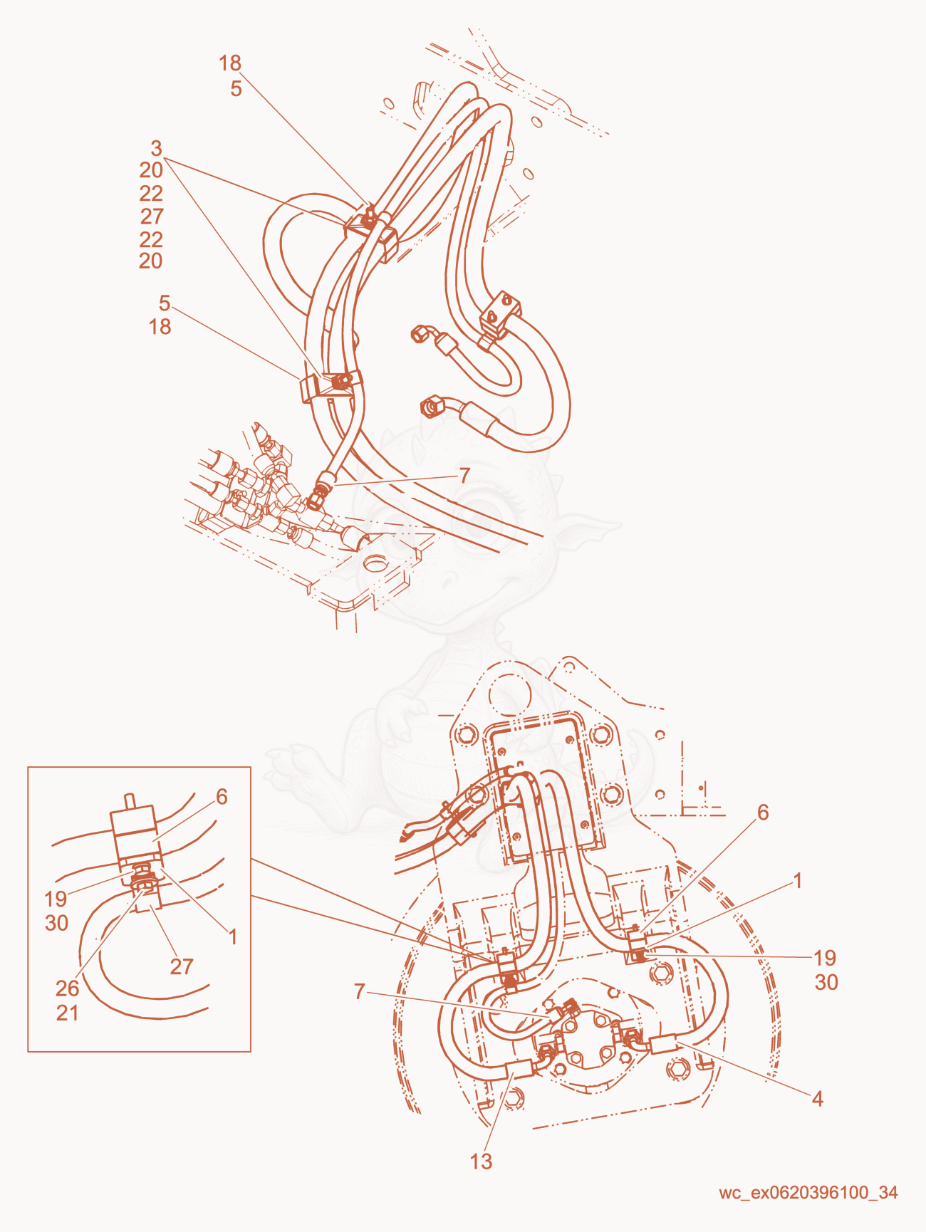 Exploded parts diagram of the Vibrating Hydraulic System - Rear Drum of a Wacker Neuson RD27-120, with numbered balloons