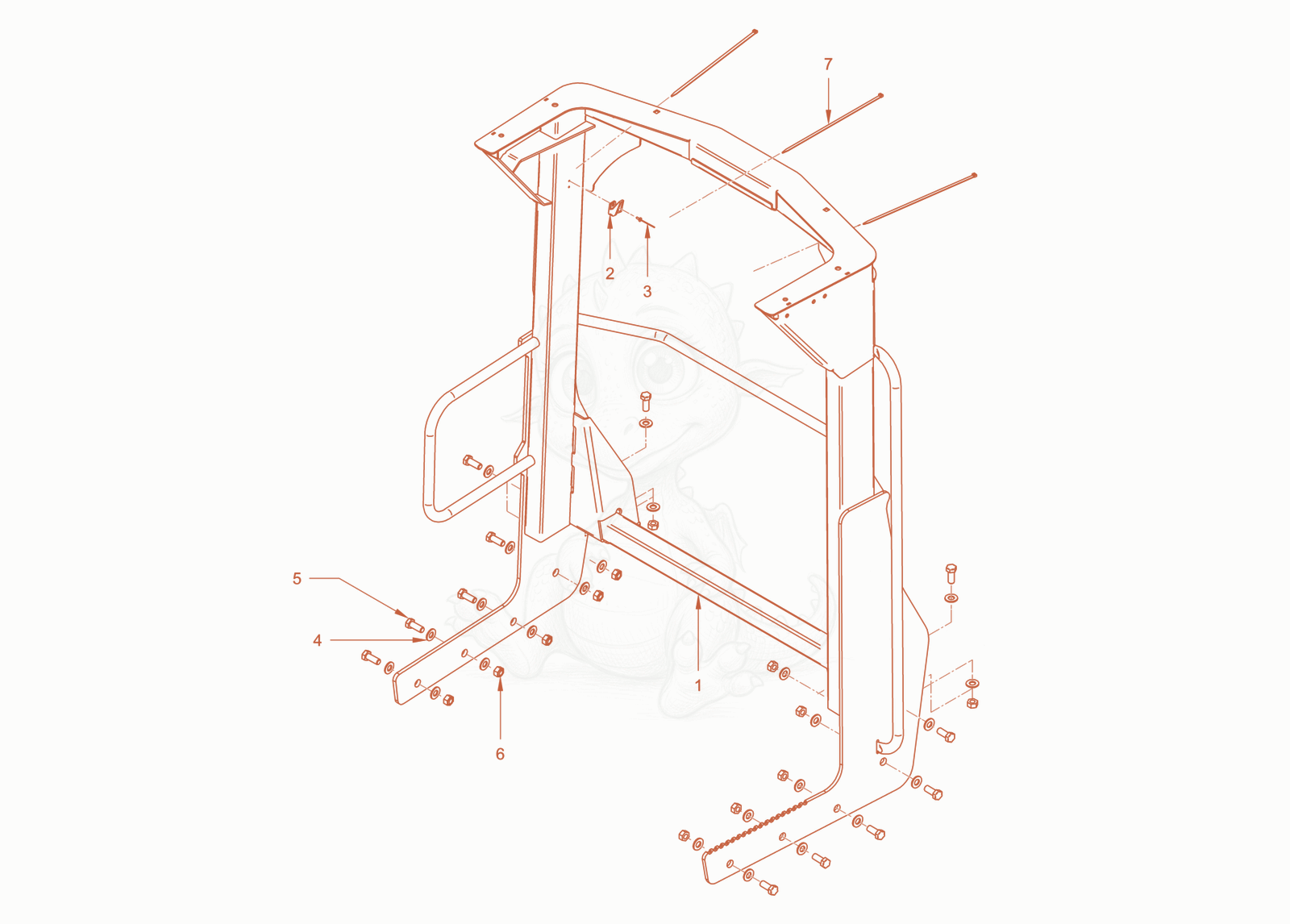 Exploded parts diagram of the roll over protection of a Wacker Neuson RC50PDPFCAB, with numbered balloons