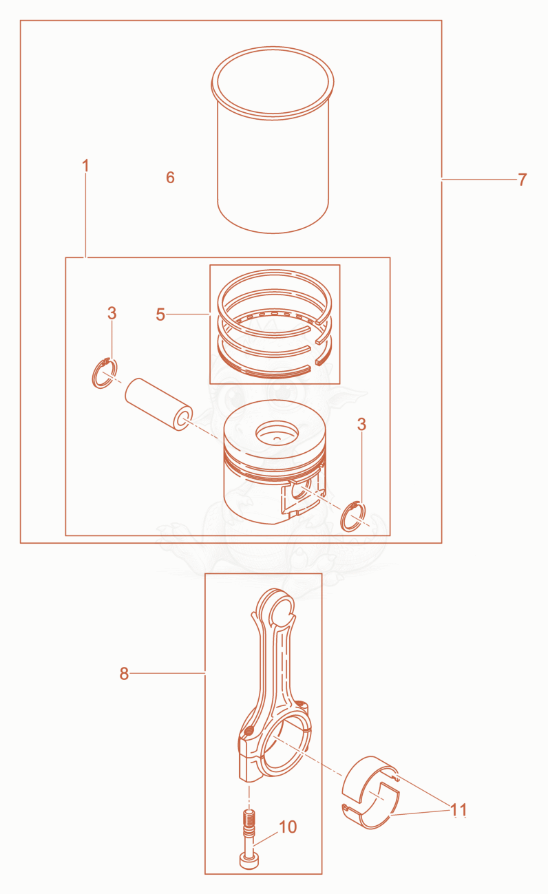Exploded parts diagram of the Piston-Connecting Rod-Cylinder of a Wacker Neuson DPU2550H, with numbered balloons